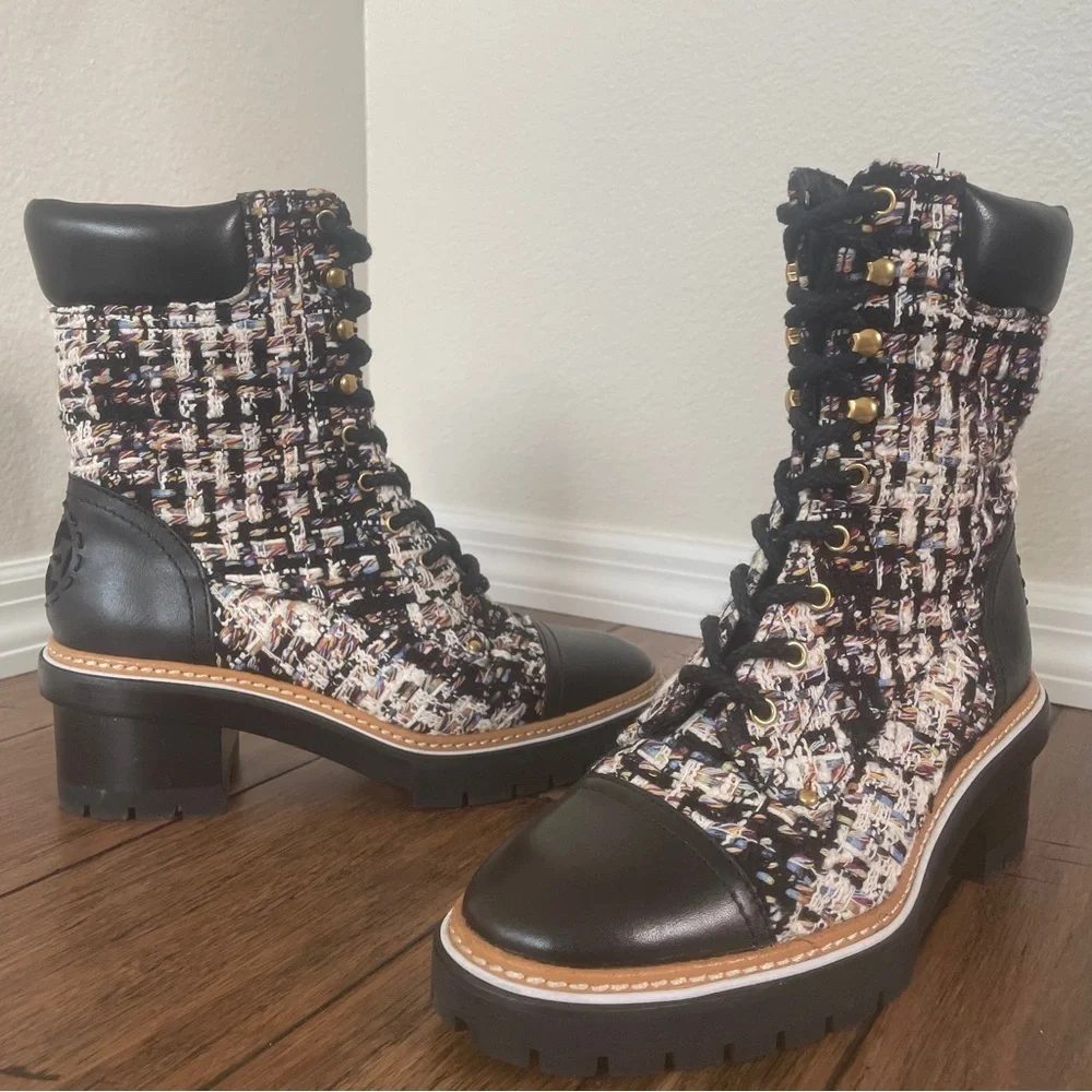 Tory Burch tweed combat boots fall boots winter boots lace up boots black bootie